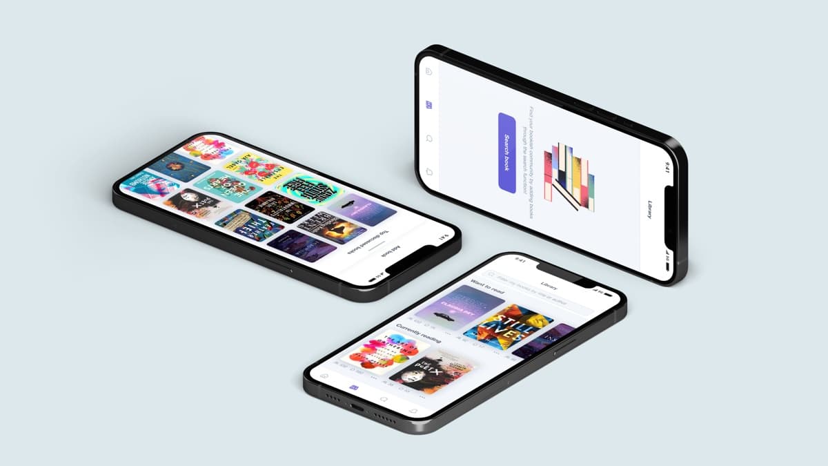 Byzans-App-Bildschirme mit einem bunten Bücherregal, Buchsuche und meistdiskutierten Büchern
