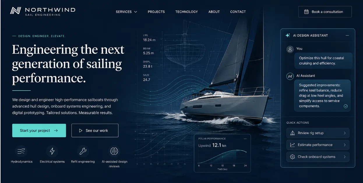 Concept design for a marine engineering website with an AI design assistant