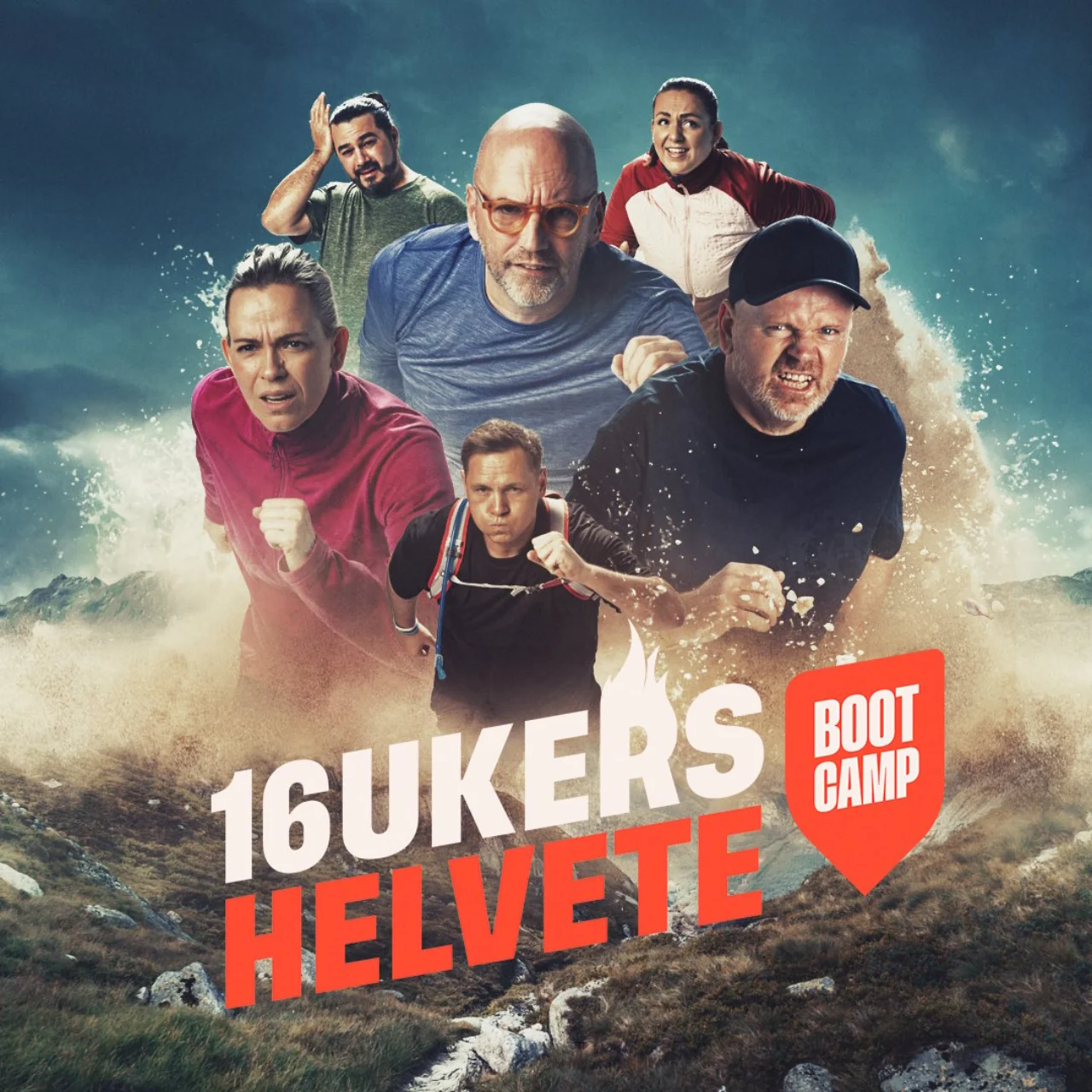 Werbeplakat für 16 ukers helvete — sechs Prominente laufen durch einen Staubsturm