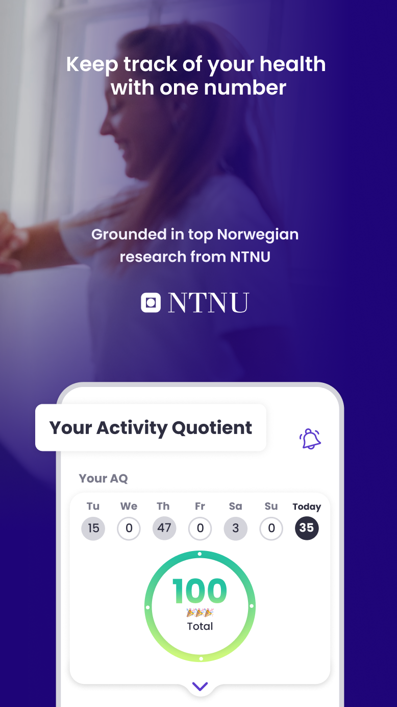 MiaHealth-App-Bildschirm mit AQ-Score und NTNU-Forschungsglaubwürdigkeits-Badge