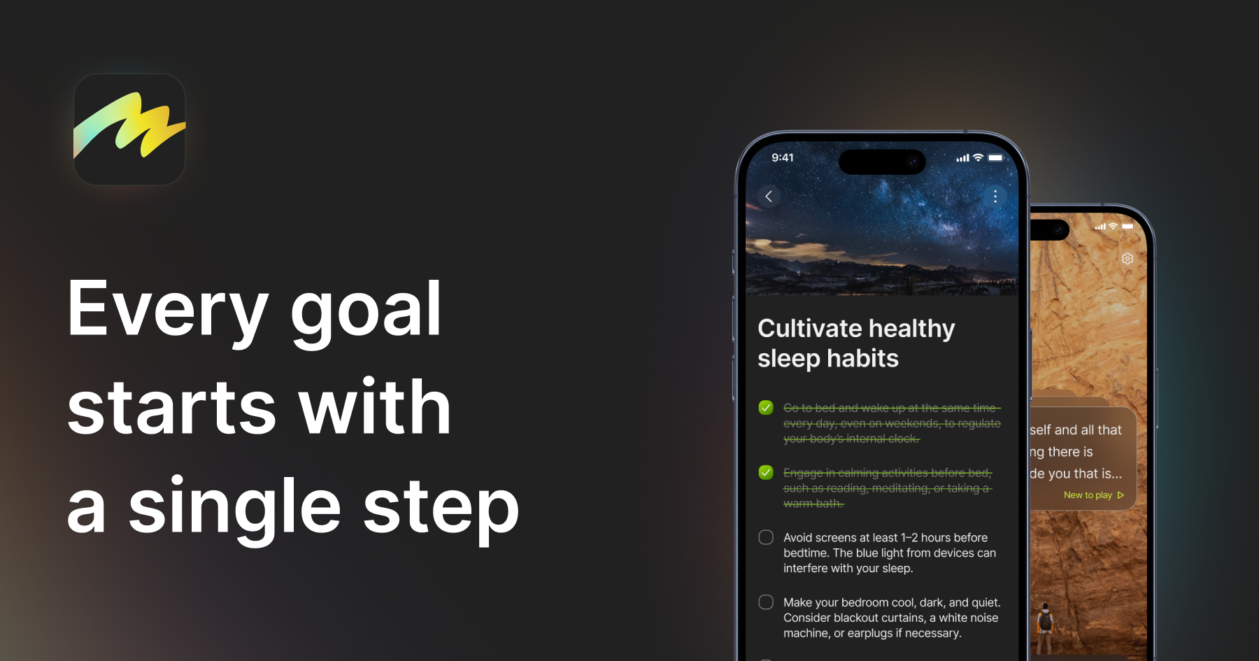 Motiway-App-Bildschirme mit Zieleinrichtung, KI-Aufgaben, Motivationen und Stimmungsverfolgung
