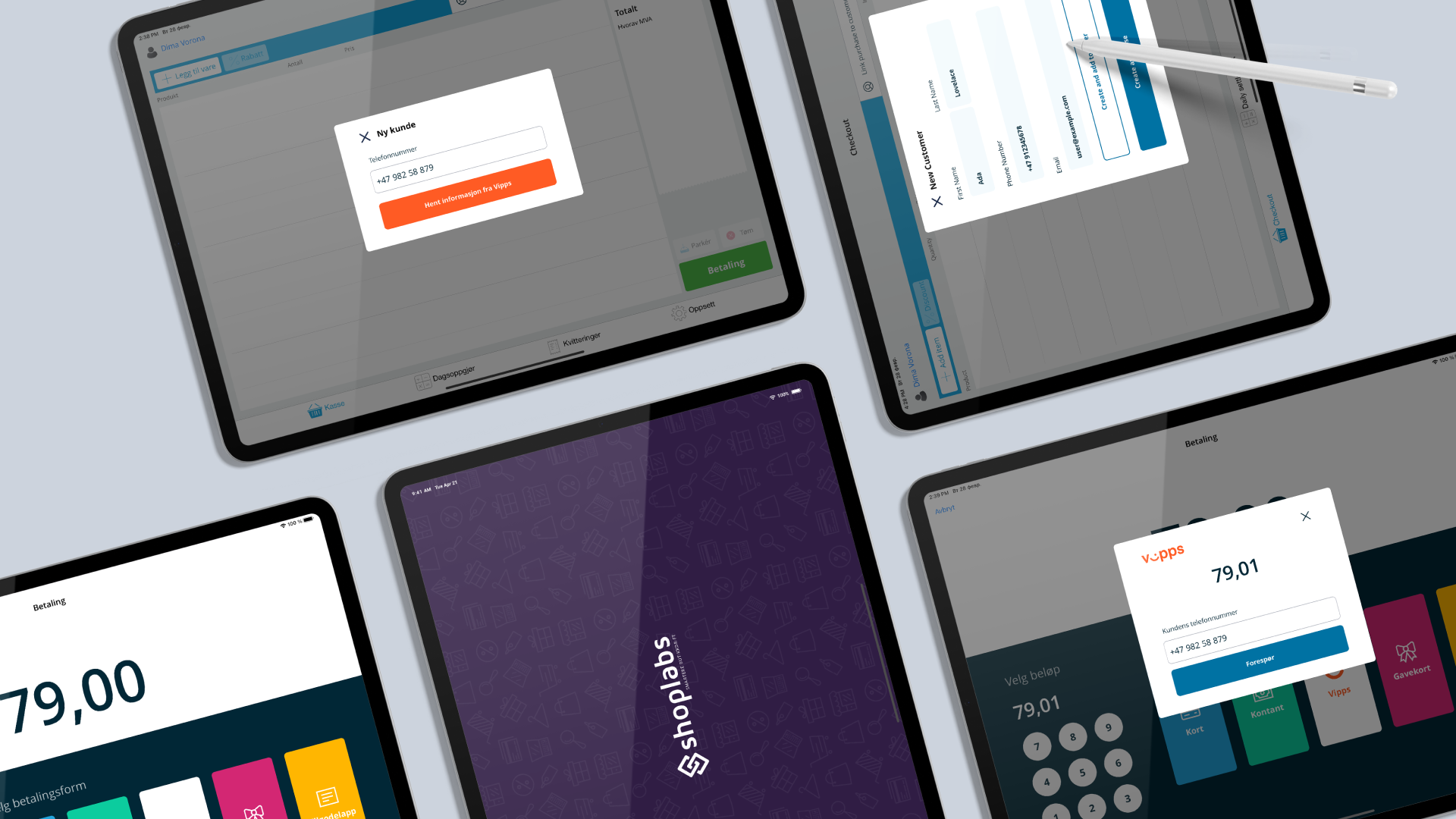Mehrere iPads mit Shoplabs-Kassenbildschirmen — Kasse, neuer Kunde und Vipps-Zahlung